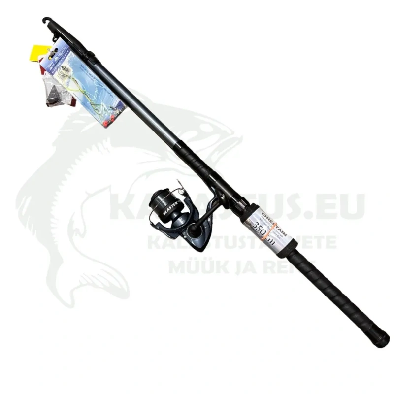 Lestapüügi komplekt Fladen Chieftain 3.5m 100-200g, rull Blaster Feeder II 50FD tamiiliga Exage 0.305mm, rakendus raskusega