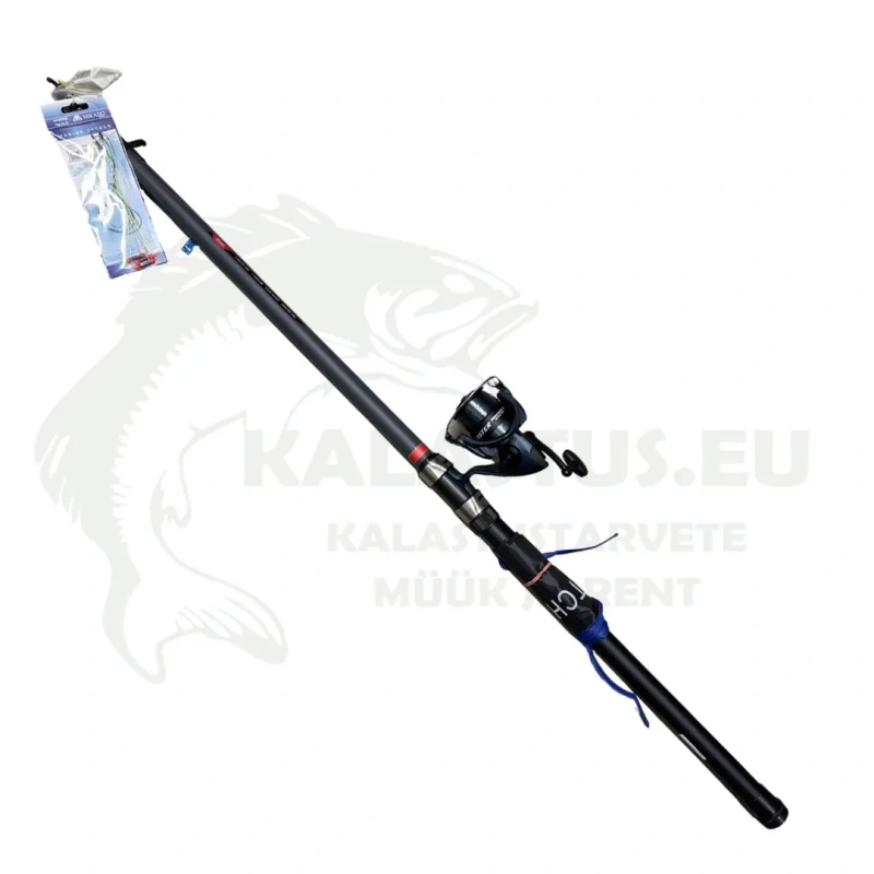 Lestapüügi komplekt BLACK PEARL SURF Easy Catch 3.9m 100-200g, rull Blaster Feeder II 30FD tamiiliga Exage 0.305mm, rakendus raskusega